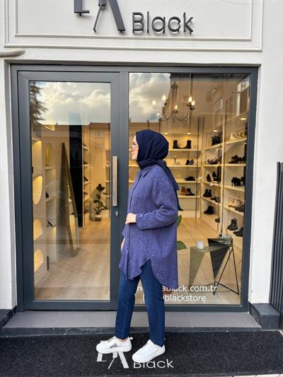 Kendinden Desenli Kadın Gömlek Ceket İndigo