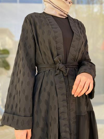 Kendinden Desenli Şifon Detaylı Kadın Kimono Siyah