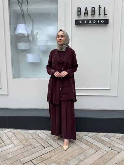 Kloş Pantolonlu Kadın Takım Bordo