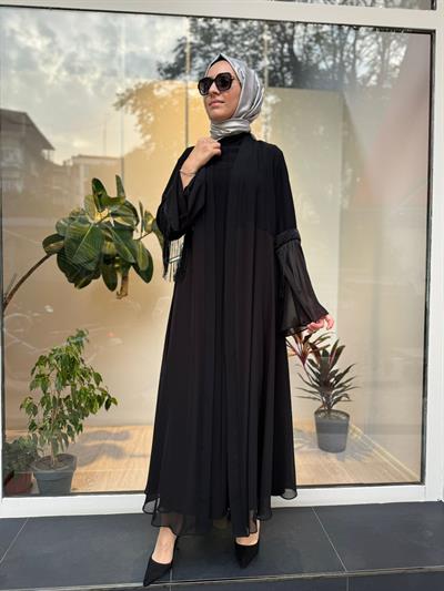 Kolları İp Detaylı Şifon Kadın İkili Abaya Elbise Siyah