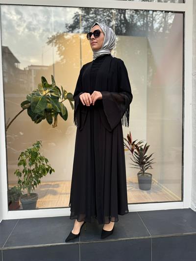 Kolları İp Detaylı Şifon Kadın İkili Abaya Elbise Siyah