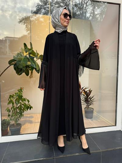 Kolları İp Detaylı Şifon Kadın İkili Abaya Elbise Siyah