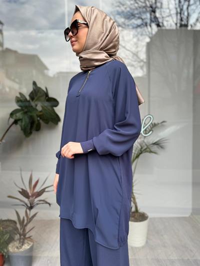 Kolları Triko Yaka Fermuarlı Şifon Tunik Indigo
