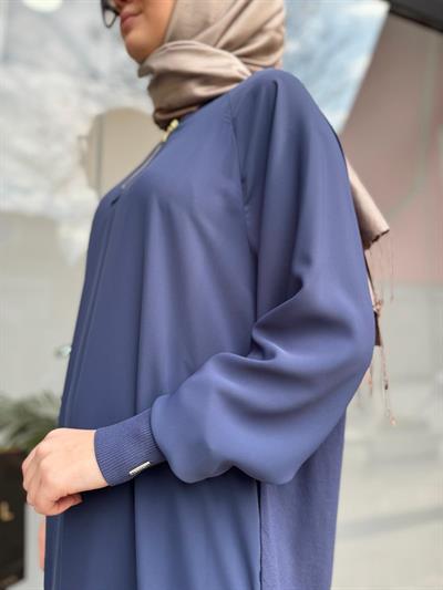 Kolları Triko Yaka Fermuarlı Şifon Tunik Indigo
