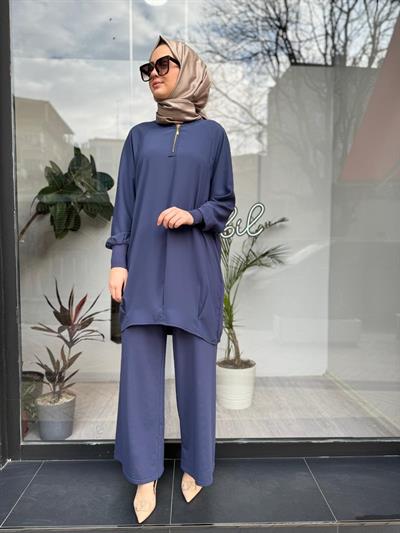 Kolları Triko Yaka Fermuarlı Şifon Tunik Indigo