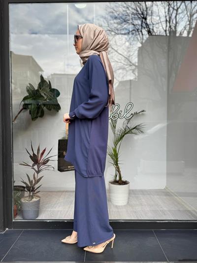 Kolları Triko Yaka Fermuarlı Şifon Tunik Indigo