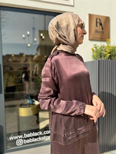 Kolu Dikişli Basic Cupro Kadın Etekli Takım Kahve