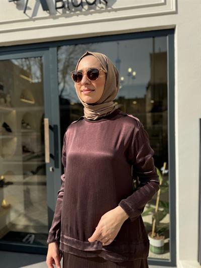 Kolu Dikişli Basic Cupro Kadın Etekli Takım Kahve