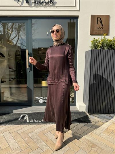 Kolu Dikişli Basic Cupro Kadın Etekli Takım Kahve