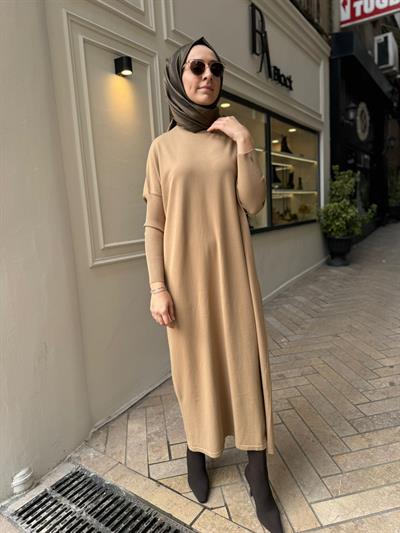 Kolu Sıkmalı Kadın Elbise Camel