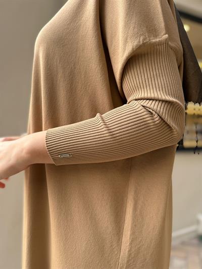Kolu Sıkmalı Kadın Elbise Camel