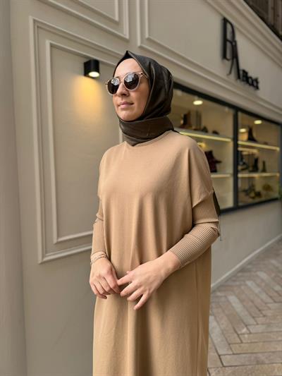Kolu Sıkmalı Kadın Elbise Camel
