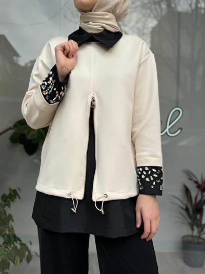 Kolu Taş Detaylı Kadın Sweat Ekru