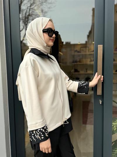 Kolu Taş Detaylı Kadın Sweat Ekru
