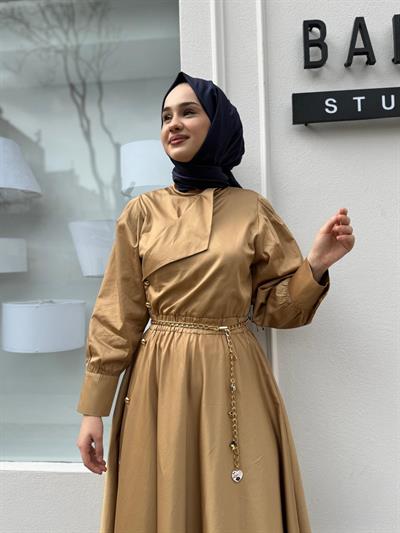 Kristen Düğme Detaylı Kadın Elbise Camel