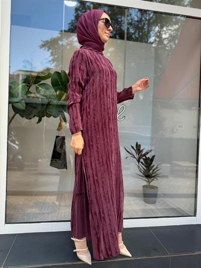 Kumaş Desenli Cupra Fermuarlı Kadın Elbise Bordo