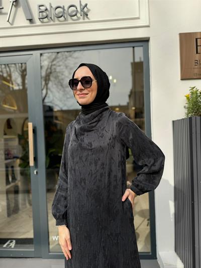 Kumaş Desenli Kadın Elbise Siyah