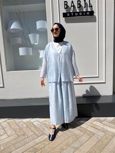Kumaş Desenli Pamuk Kadın Takım Bebek Mavi