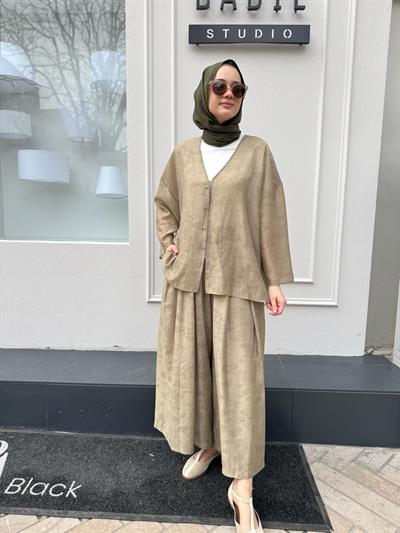 Kumaş Desenli Pamuk Kadın Takım Haki Yeşil