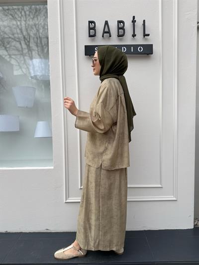 Kumaş Desenli Pamuk Kadın Takım Haki Yeşil