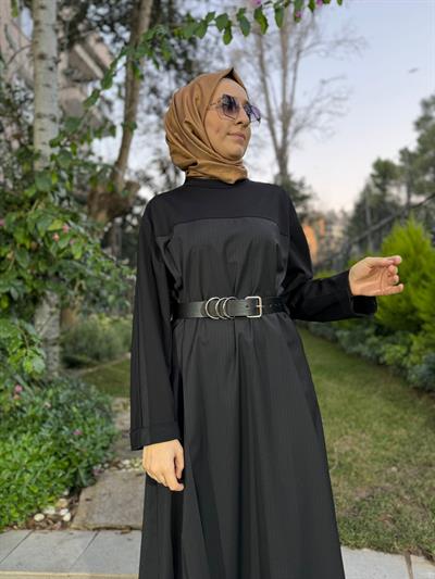 Kumaş Detaylı Çizgili Kadın Elbise Siyah
