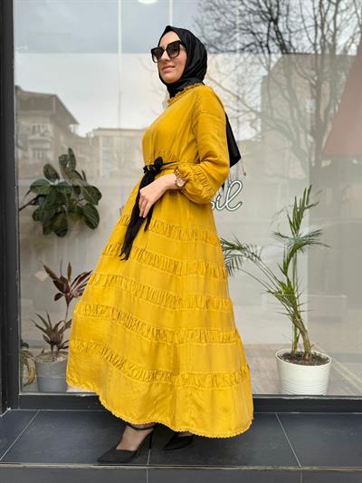 Kuşak Detaylı Kadın İpek Elbise Sarı