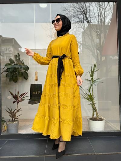 Kuşak Detaylı Kadın İpek Elbise Sarı