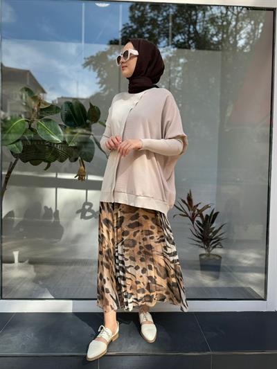 Leopar Baskılı Şifon Kadın Etek Kahve