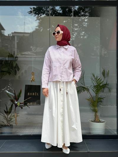 Linen Çizgi Desen Keten Gömlek Ekru
