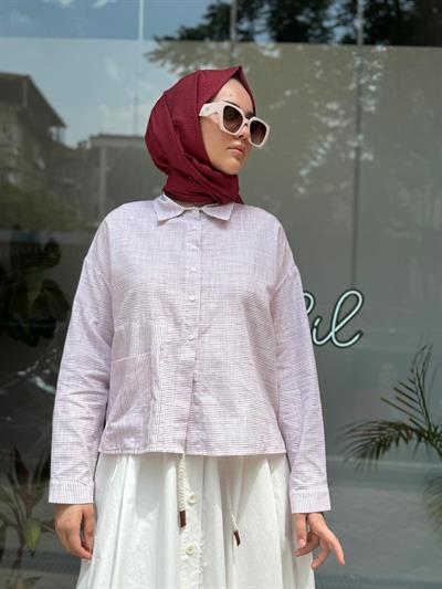 Linen Çizgi Desen Keten Gömlek Ekru