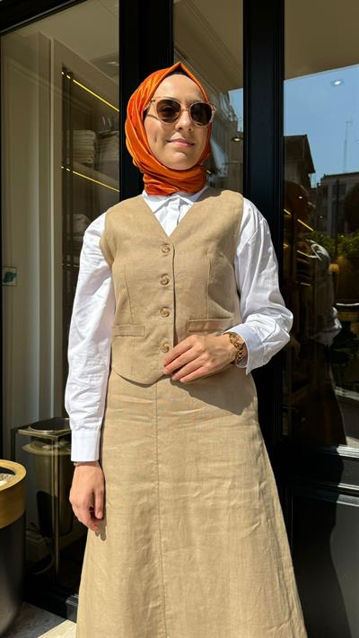 Linen Yelek Etekli Ham Keten Kadın Takım Kahve
