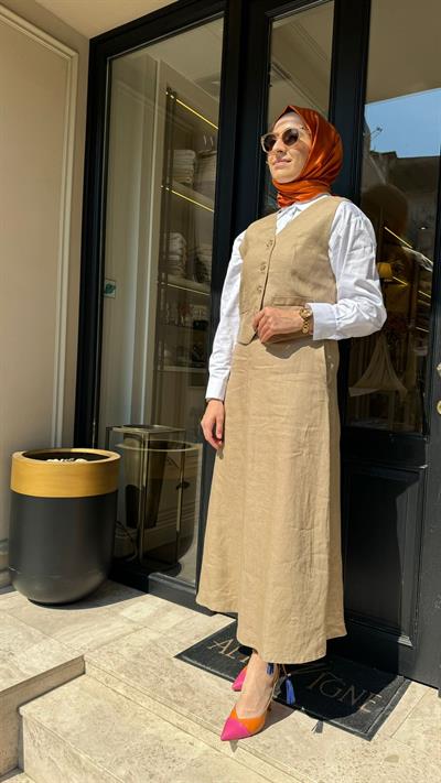 Linen Yelek Etekli Ham Keten Kadın Takım Kahve