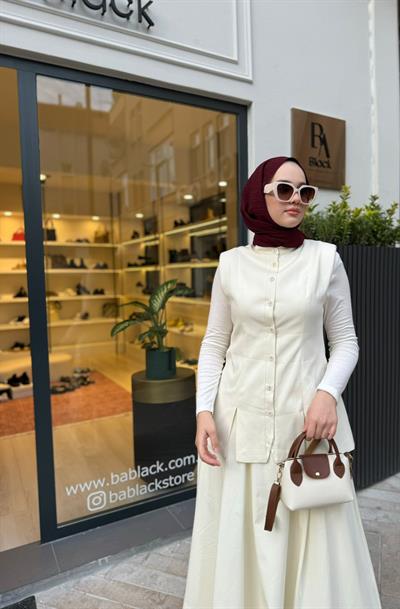 Magne Cotton Yelek Etekli Kadın Takım Ekru