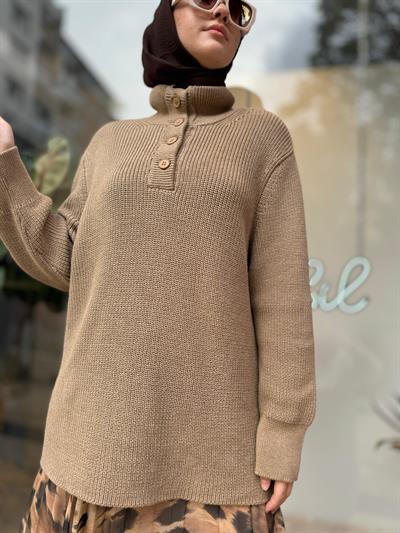 Maniz Yaka Düğmeli Kadın Kazak Camel