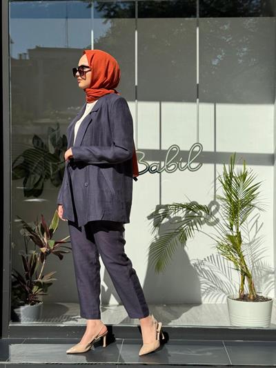 Minerva Ceketli Ham Keten Takım Indigo