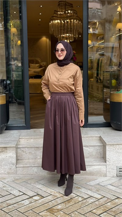 MIO27K0500008 Aryel Bluz Etek Kadın Takım Camel-Kahve