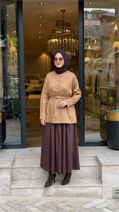 MIO27K0500008 Aryel Bluz Etek Kadın Takım Camel-Kahve