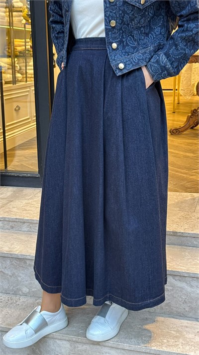 MIO27K0700002 Jose Pileli Denim Kadın Etek Lacivert