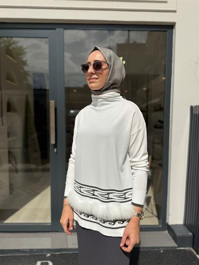 MİSS 264 Tüy Detay Kadın Tunik Beyaz