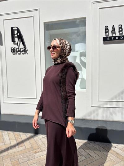MİSS 268 Tüy Detaylı Kadın Tunik Kahve