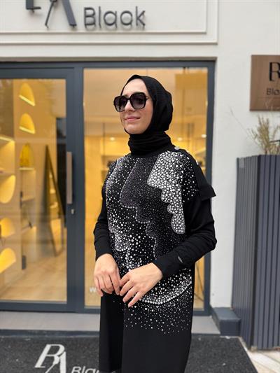 MİSS 271 Desenli Kadın Tunik Siyah