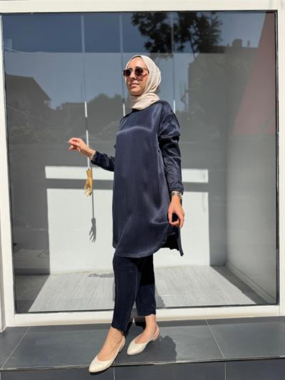 Omuz Dikişli Kadın Cupro Takım Lacivert