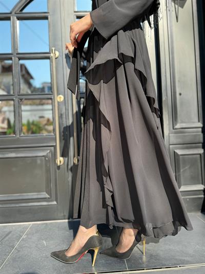 Omuz Taş İşlemeli Tül İkili Abaya Elbise Siyah