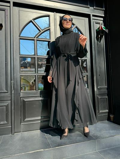 Omuz Taş İşlemeli Tül İkili Abaya Elbise Siyah