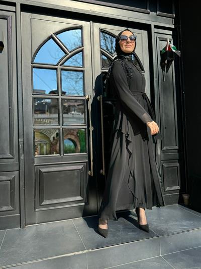 Omuz Taş İşlemeli Tül İkili Abaya Elbise Siyah