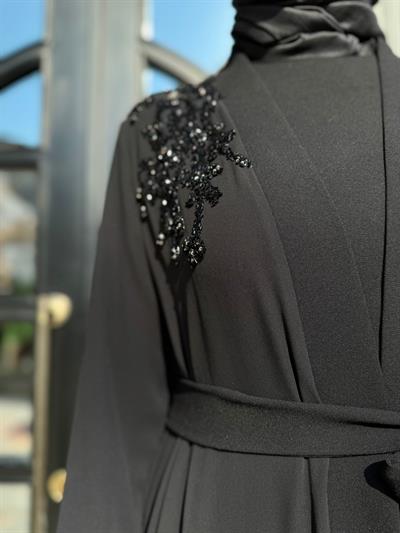 Omuz Taş İşlemeli Tül İkili Abaya Elbise Siyah