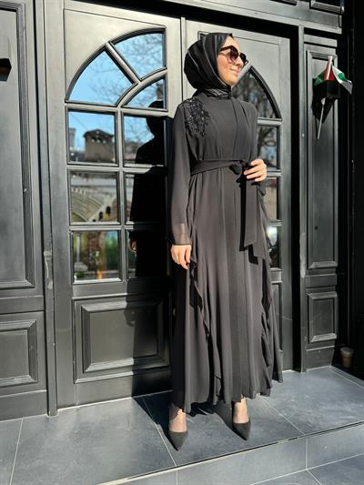 Omuz Taş İşlemeli Tül İkili Abaya Elbise Siyah