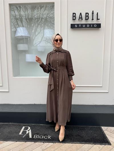 Omuz Ve Bel Dikişli Cupro Kadın Elbise Kahve