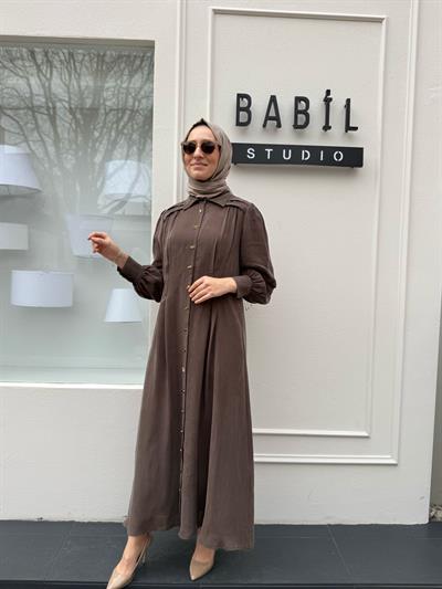 Omuz Ve Bel Dikişli Cupro Kadın Elbise Kahve