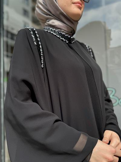 Omuz ve Yakası Taşkı İkili Abaya Siyah